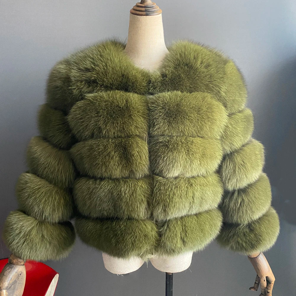 WGLUVF Women's Real Fox Fur Short O-Neck Coat