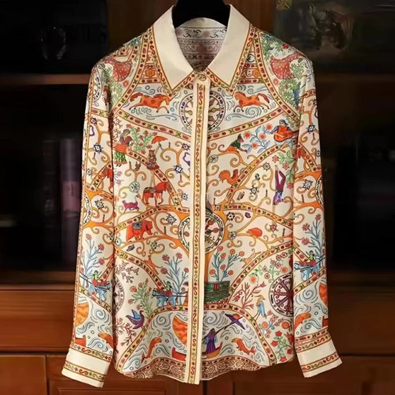 Camisas Newest Exclusive Women Luxury Shirt Long Sleeve Lapel Satin Shirt Old Money Print Brand Design Shirt OL Blouse руба