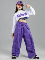 Girls K-Pop Street Dance Outfit: Purple Crop Top & Cargo Pants