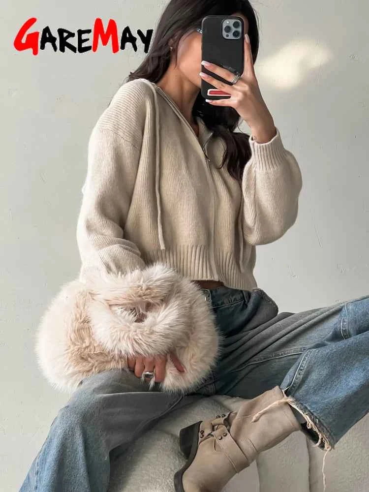 Autumn Knitted Women's Short Cardigan with Zipper Gray Winter Sweater Casual Cute Vintage White Cardigan for Women with Hood