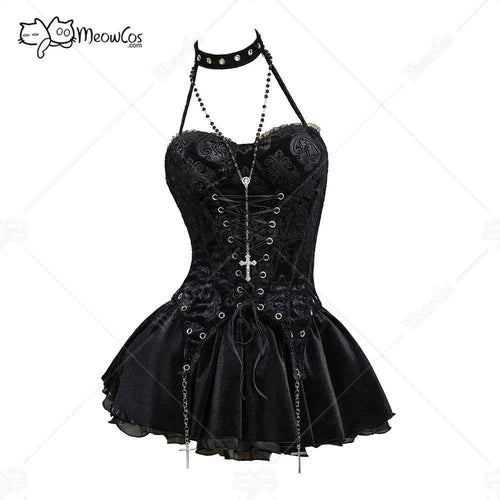 MEOWCOS Women's Misa Gothic Black Corset and Layered Skirt Set with Gloves