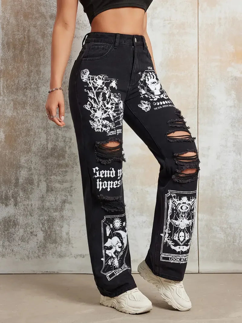 2025 New Style Women's Jeans Women's Spring And Autumn New Hot Selling Street INS Same Style Print Ripped Straight Jeans - SS69