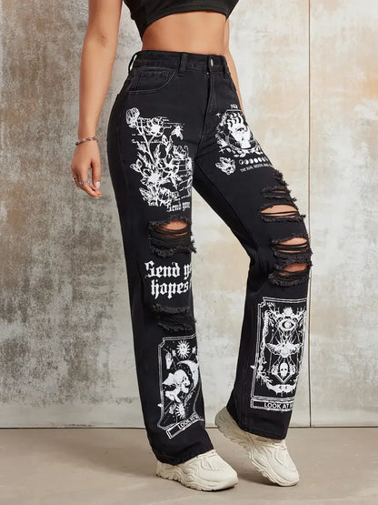 2025 New Style Women's Jeans Women's Spring And Autumn New Hot Selling Street INS Same Style Print Ripped Straight Jeans - SS69