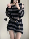 2024 Purple Striped Gothic Sweaters Women Ripped Holes Loose Knitted Pullover Frayed Fairy Grunge Jumpers Emo Streetwear Lolita SS69 12.69 GRAY / One Size