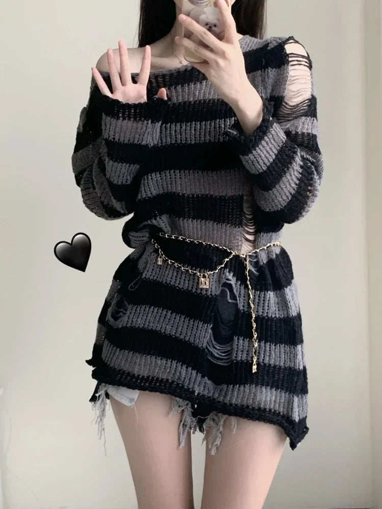 2024 Purple Striped Gothic Sweaters Women Ripped Holes Loose Knitted Pullover Frayed Fairy Grunge Jumpers Emo Streetwear Lolita SS69 12.69 GRAY / One Size