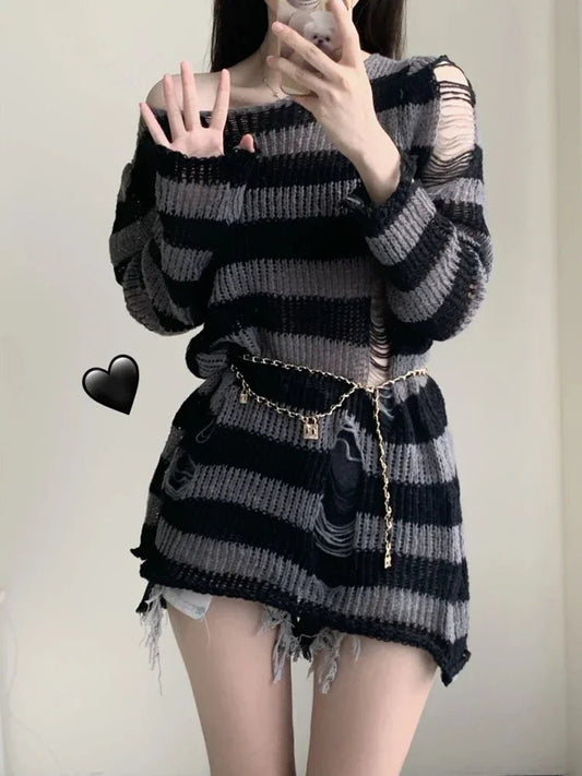 2024 Purple Striped Gothic Sweaters Women Ripped Holes Loose Knitted Pullover Frayed Fairy Grunge Jumpers Emo Streetwear Lolita SS69 12.69 GRAY / One Size