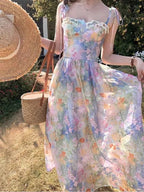 French Elegant Floral Strap Dress Women Sweet Beach Style Korean Fashion Clothing Evening Party Vintage Midi Dress Evening Party