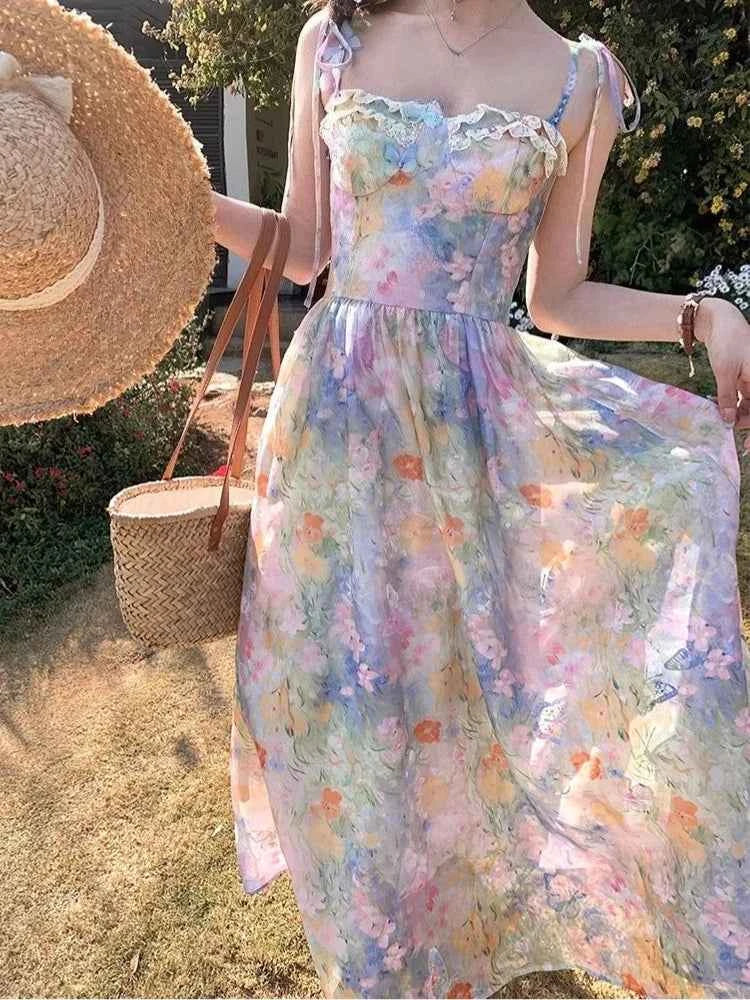 French Elegant Floral Strap Dress Women Sweet Beach Style Korean Fashion Clothing Evening Party Vintage Midi Dress Evening Party