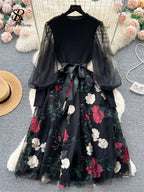 SINGREINY Senior Knitted Patchwork Dress Long Lantern Sleeves Bow Mesh Embroidery Floral Women Autumn France Elegant Party Dress