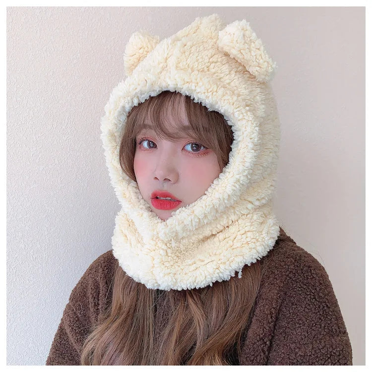 Winter Cartoon Hat With Mask Bear Lamb Beanie Hats Warm Thickened Ear Protection Skullies Beanies for Women Girl Kawaii SS69