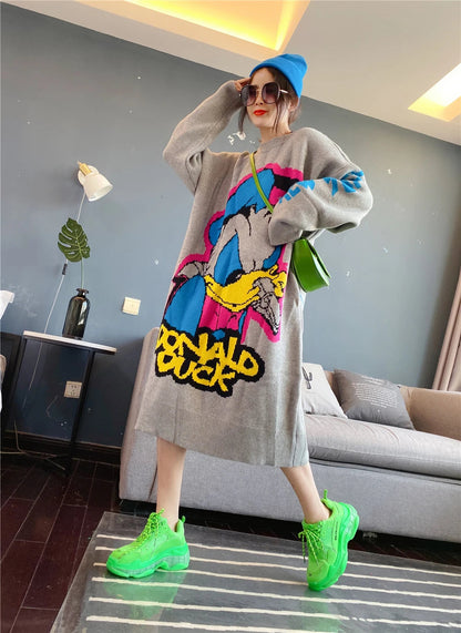 Korean Long-Sleeved Pullover Sweater Loose Fashion Women Autumn Winter Cartoon Embroidered Thickened Long Section Knitted Top SS69