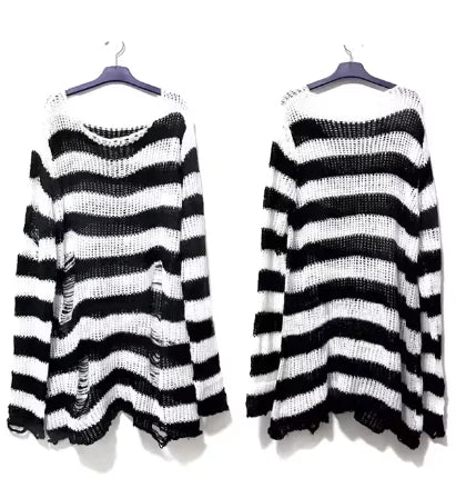 New Women's Punk Gothic Oversized Pullover Sweater Striped Hollow out Cool Harajuku Aesthetics Spring Autumn