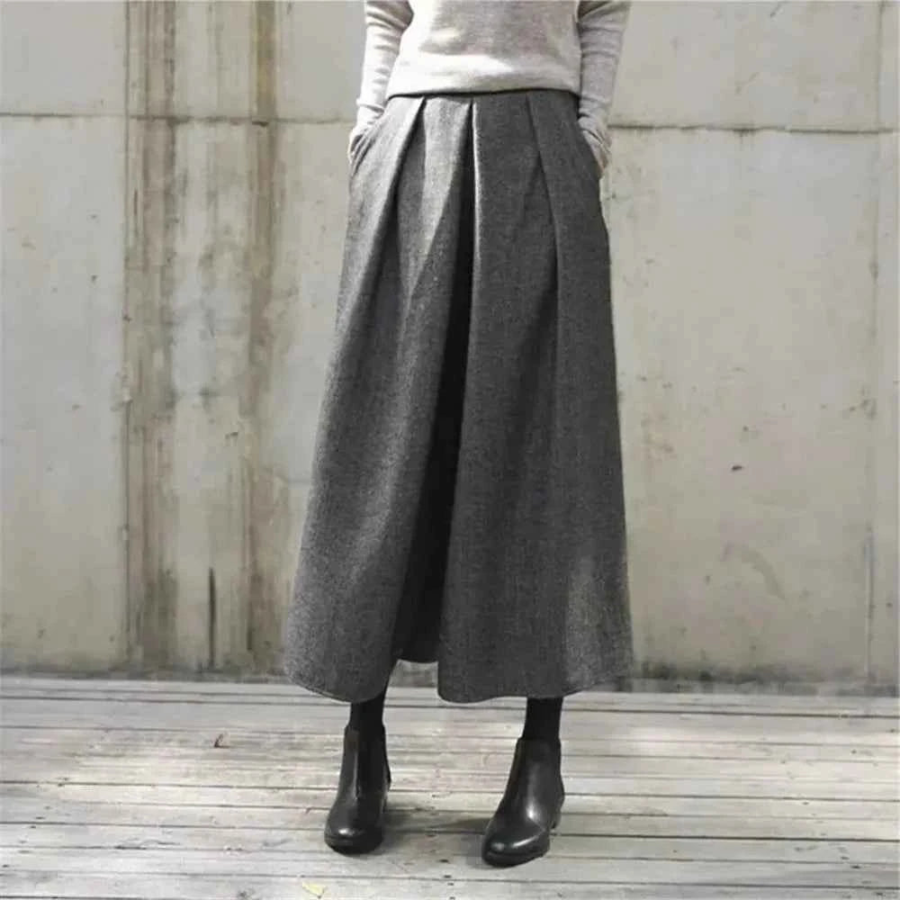 Loose Woolen Wide Leg Skirts Pants Women Pleated Casual Pants Winter Autumn Straight Trousers Elastic High Waist Fat Leg Pants