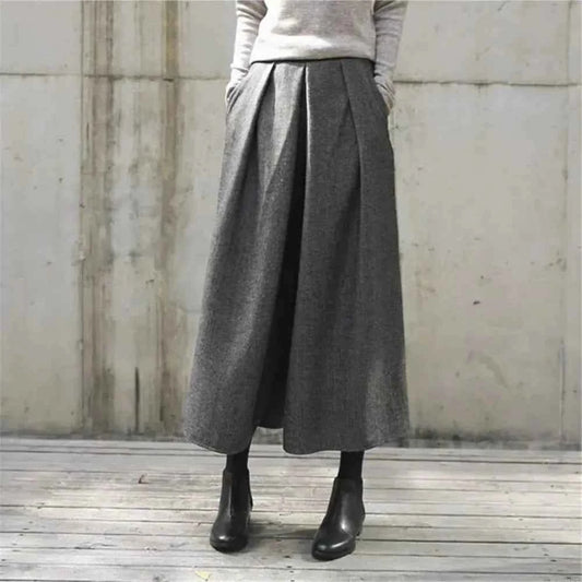 Loose Woolen Wide Leg Skirts Pants Women Pleated Casual Pants Winter Autumn Straight Trousers Elastic High Waist Fat Leg Pants