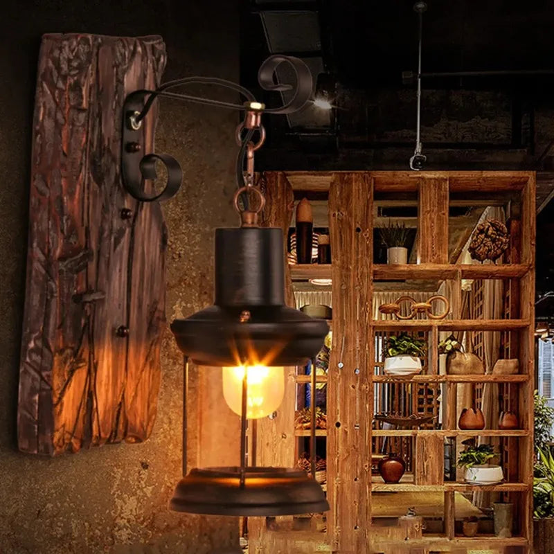 JIANKEXING Vintage Industrial Wall Lamp, Rustic Wood and Metal Wall Sconce