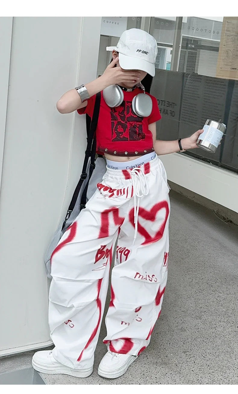 summer junior Girls Love Graffiti Casual Pants teenager girl Casual Hip Hop cargo pants kids Dance pants children clothes - SS69
