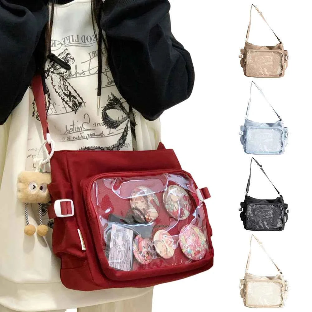 Women Ita Bag Japanese Style Shoulder Purse with Clear Window Cartoon Book Bag Multi-pockets Adjustable Strap Trendy Outdoor Bag