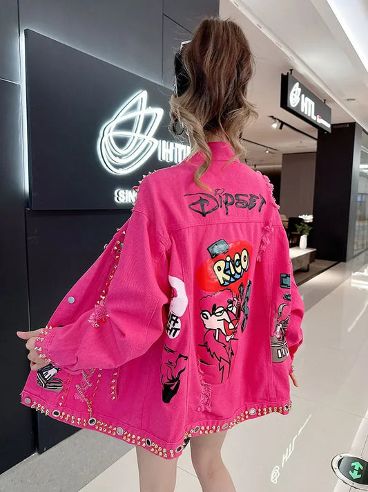 Women Graffiti Printed Rivets Denim Jacket Loose Holes Diamonds Jeans Coat Sequined Cowboy Ripped Streetwear Cardigan Ins Tops SS69