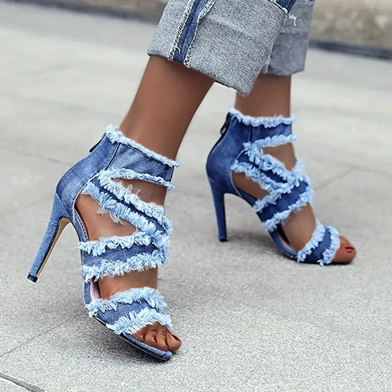 Women's Fashion Stiletto Sandals Summer New Round Head Open Toe Bag with Back Zipper Anti-slip Wear-resistant High Heels SS69