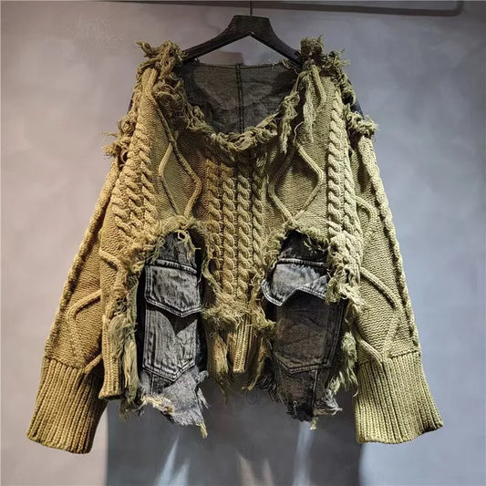 NANCYLIM Women's Vintage Denim Patchwork Knitted Pullover Sweater Loose Fit