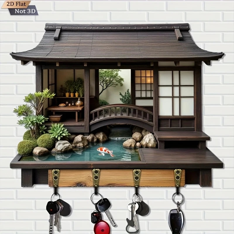 Retro Japanese Wooden Key Holder with 4 Bronze Hooks