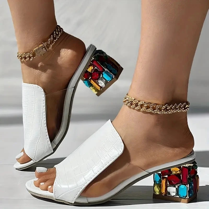 Women Crystal Sandals 2024 New Spring Summer Open Toe Sandals Square Heels Beach Fashion Sandals Women Sandalias De Mujer SS69
