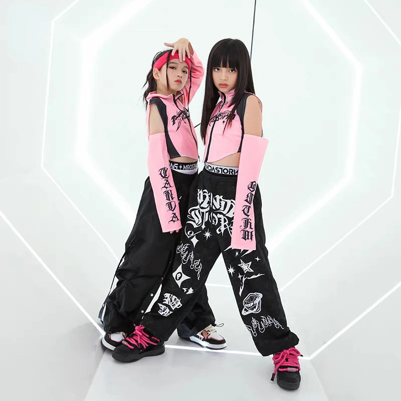 Hip Hop Dance Costume for Girls Pink Tops Black Pants Teenagers Boys Jazz Dance Performance Clothes Kpop Outfits Kids Stage Wear SS69