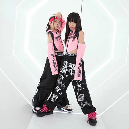 Hip Hop Dance Costume for Girls Pink Tops Black Pants Teenagers Boys Jazz Dance Performance Clothes Kpop Outfits Kids Stage Wear SS69