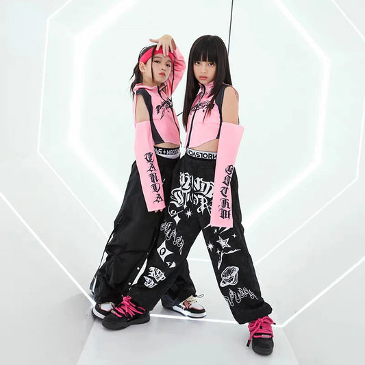 Hip Hop Dance Costume for Girls Pink Tops Black Pants Teenagers Boys Jazz Dance Performance Clothes Kpop Outfits Kids Stage Wear SS69