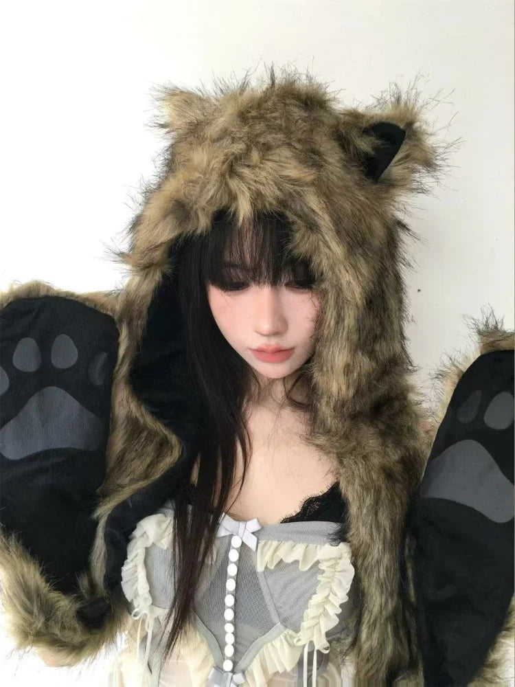 Japanese Kawaii Cute Fur Scarf Hat Winter Keep Warm Y2k Aesthetic Fashion Vintage Cap Bears Ears Women Hats Grunge Streetwear SS69