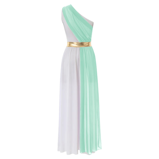 SS69 Womens One-Shoulder Greek Goddess Costume Dress with Chiffon Overlay