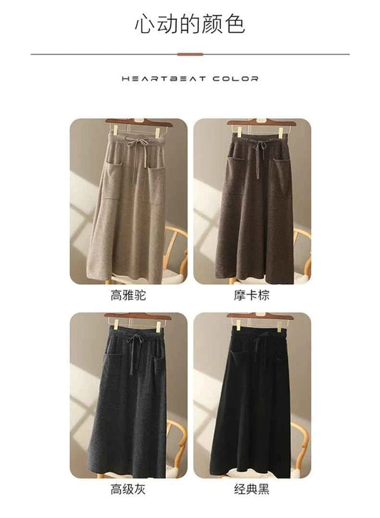 Autumn And Winter100% Pure Wool Skirt Women's Long Pocket Small A Skirt High Waist Slim Cashmere Knit A-Line Skirt