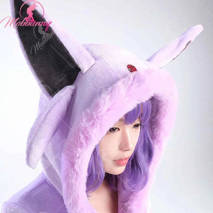 MOBBUNNY Espeon Cosplay Costume Women Hooded Bodysuit Tail Socks Suit Cute Cartoon Flannel Pajamas Bunny Girl Plush Jumpsuit