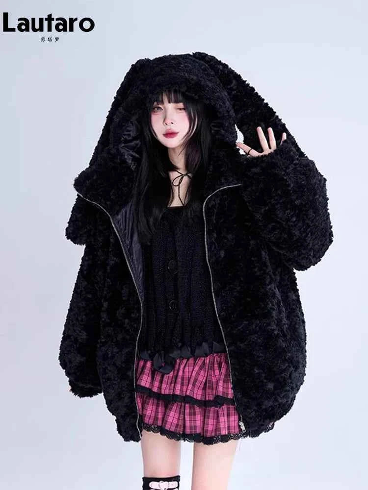 Lautaro Autumn Winter Sweet Cute Lovely Warm Thick Soft Black Faux Fur Coat Women Bunny Ears Fuzzy Fluffy Jacket Hoodie 2023