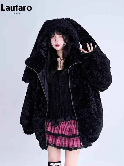 Lautaro Autumn Winter Sweet Cute Lovely Warm Thick Soft Black Faux Fur Coat Women Bunny Ears Fuzzy Fluffy Jacket Hoodie 2023