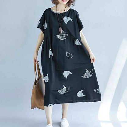 Plus Size Women Loose Dress Cute Cartoon Cat Print O Neck  Short Sleeve Baggy Large Size Oversized Maxi Dress Round Neck