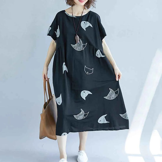 Plus Size Women Loose Dress Cute Cartoon Cat Print O Neck  Short Sleeve Baggy Large Size Oversized Maxi Dress Round Neck