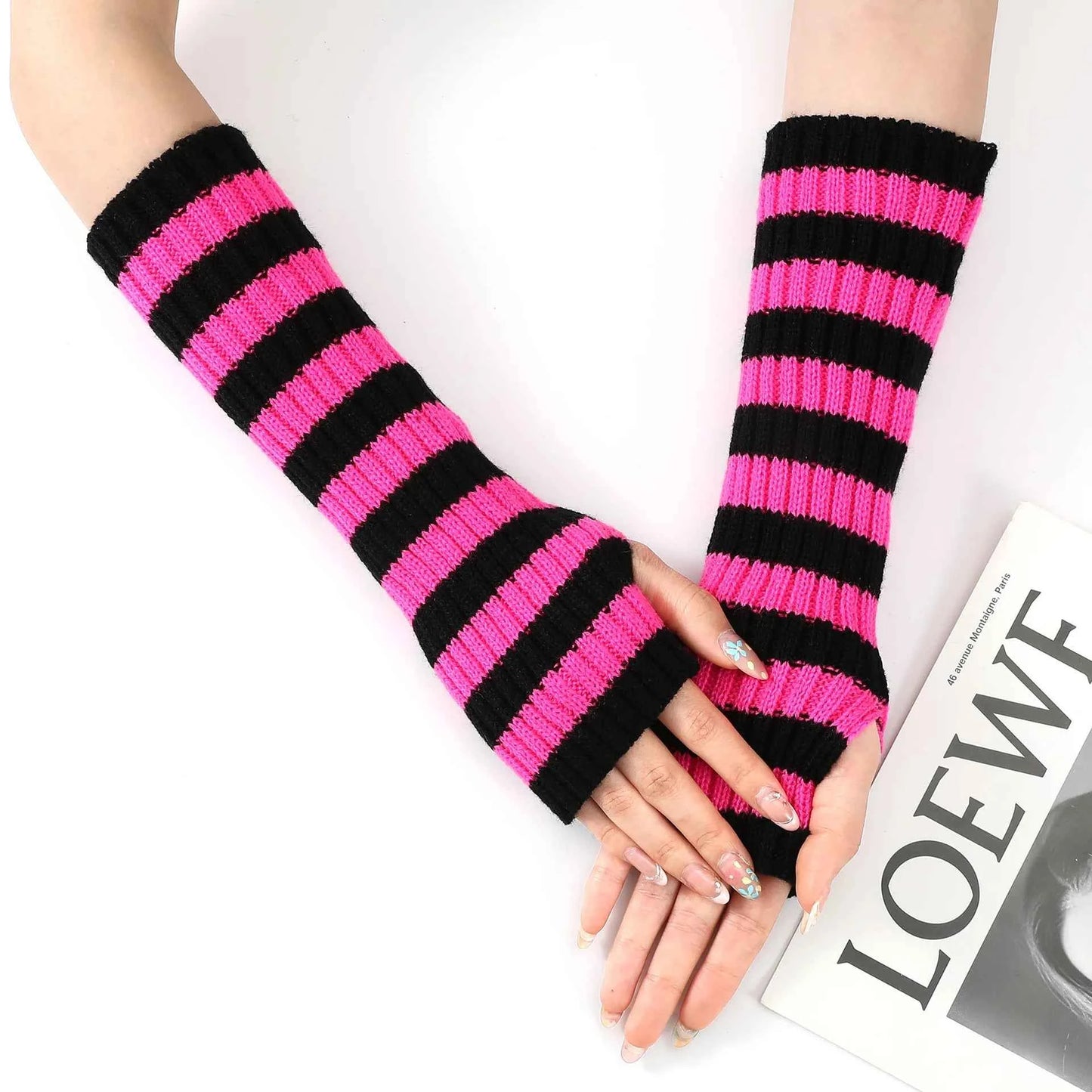 Women's Knitted Fingerless Arm Sleeves Gothic Style Striped Winter Long Arm Warmers Girls Harajuku Y2K Fashion Wrist Gloves