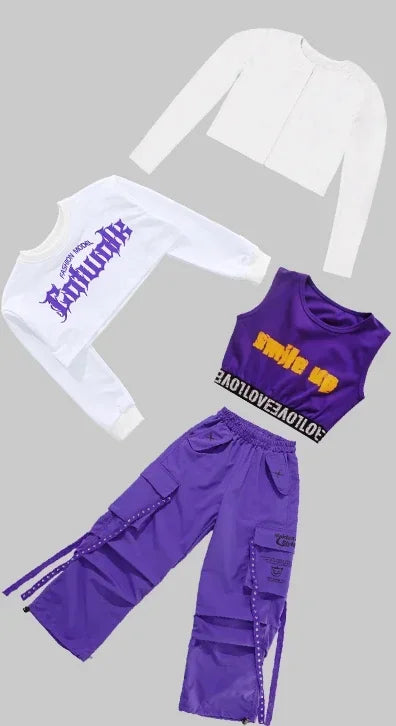 Girls K-Pop Street Dance Outfit: Purple Crop Top & Cargo Pants