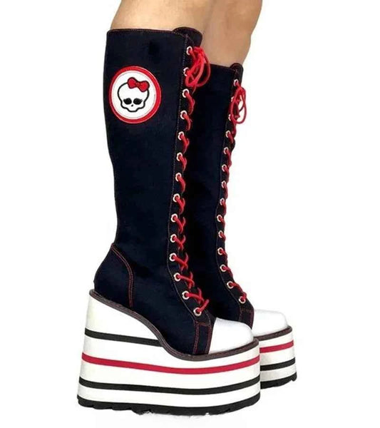Canvas Check Platform Knee-high Boots Women Metal Chain Round Toe Wedges Cross Tied Lolita Heighten Shoes 2025 Lovely Sexy Boots