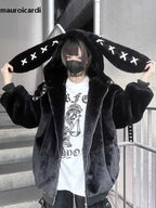 Mauroicardi Autumn Winter Sweet Cute Kawaii Soft Thick Warm Black Faux Fur Coat Women with Bunny Ears Cute Fluffy Jacket Hoodie
