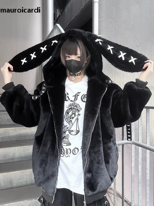 Mauroicardi Autumn Winter Sweet Cute Kawaii Soft Thick Warm Black Faux Fur Coat Women with Bunny Ears Cute Fluffy Jacket Hoodie