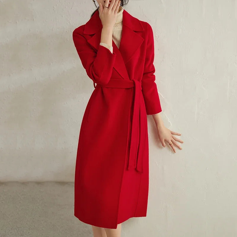 SENTUBILA Women 100% Wool Long Wrap Coat 2026 Elegant Notched Collar Belted Warm Double Faced Woolen Winter Overcoat W24O43352