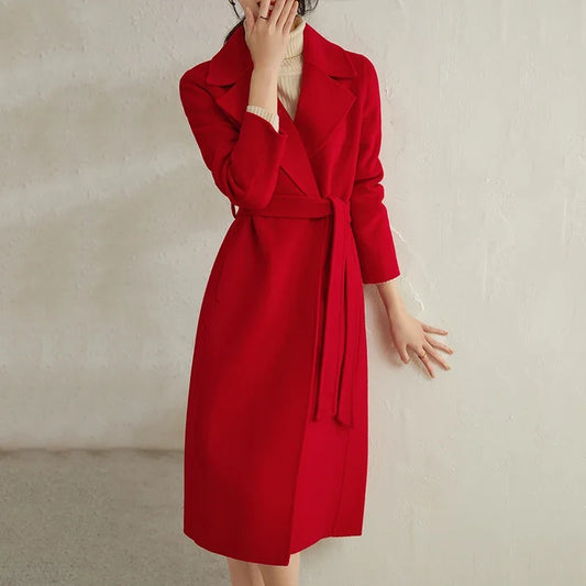SENTUBILA Women 100% Wool Long Wrap Coat 2026 Elegant Notched Collar Belted Warm Double Faced Woolen Winter Overcoat W24O43352