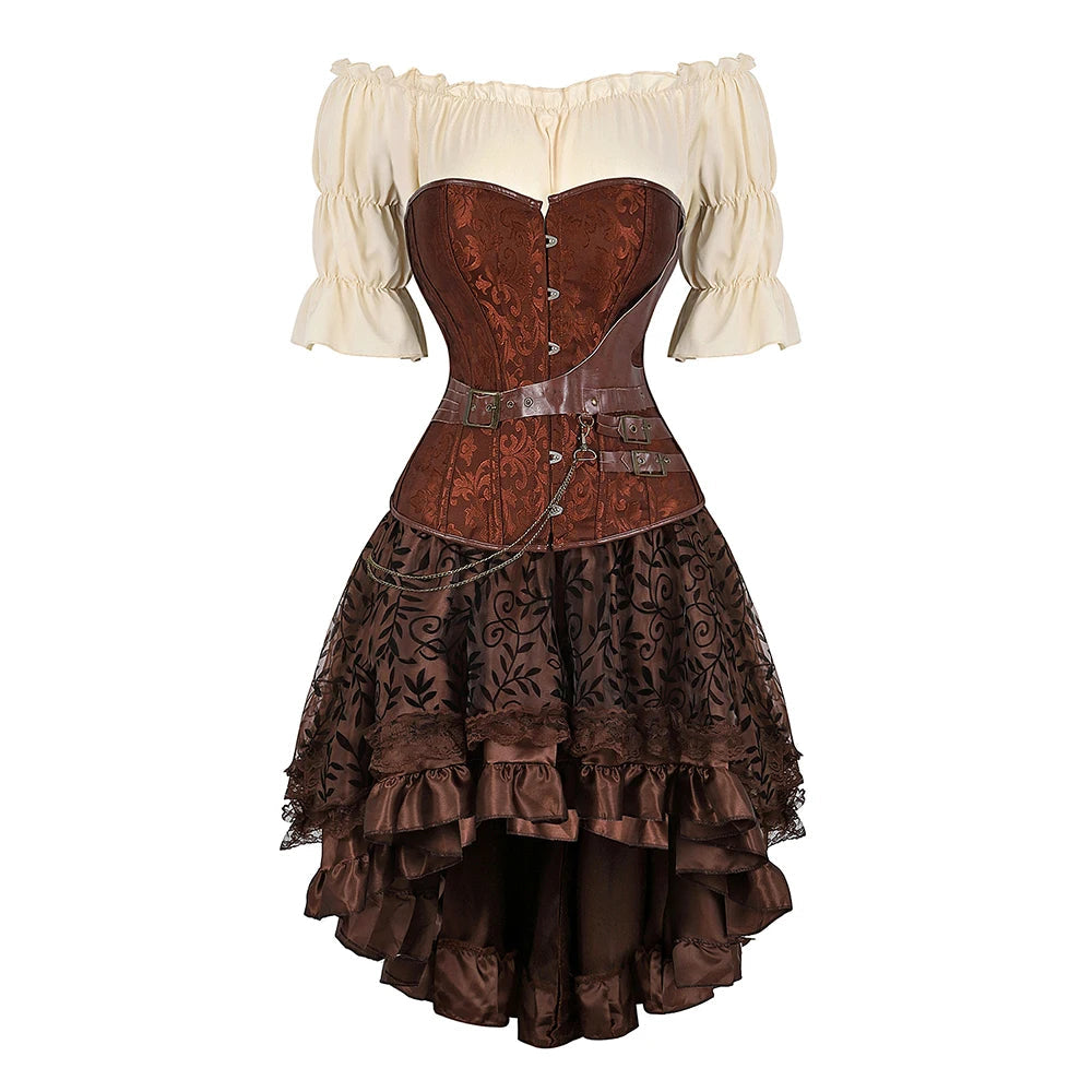 Brown Pirate Dress Plus Size Faxu Leather Steampunk Corset Dress with Shoulder Off Blouse Cosplay Pirate Costume for Women SS69 70.69 Brown 10 / 6XL