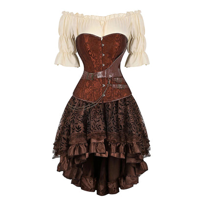 Brown Pirate Dress Plus Size Faxu Leather Steampunk Corset Dress with Shoulder Off Blouse Cosplay Pirate Costume for Women SS69 70.69 Brown 10 / 6XL