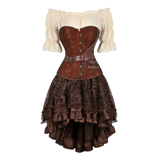 Brown Pirate Dress Plus Size Faxu Leather Steampunk Corset Dress with Shoulder Off Blouse Cosplay Pirate Costume for Women SS69 70.69 Brown 10 / 6XL