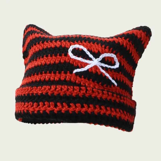 2025 New Hand-Knitted Bow Cat Ear Hooded Cap For Winter Men And Women, Striped Hollowed-Out Knitted Cap, K2y Street Style