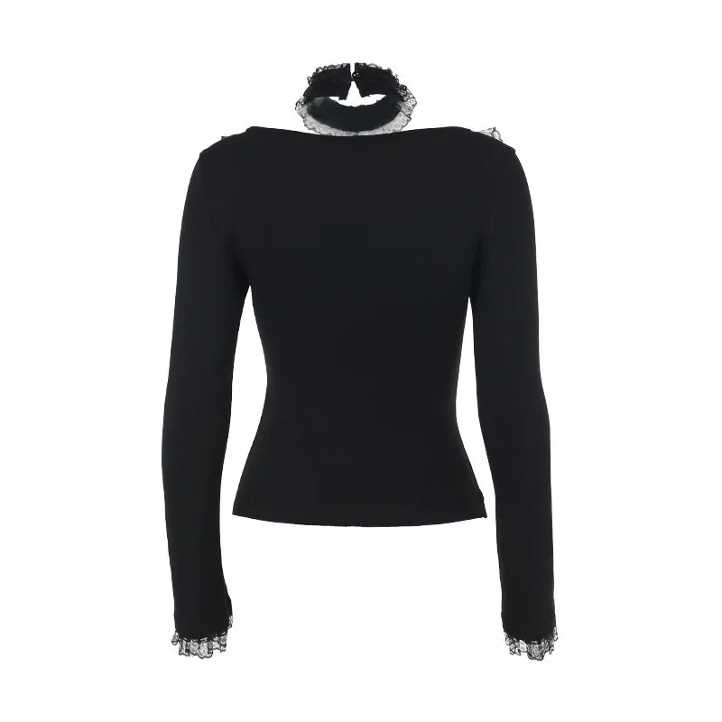 AltGoth Aesthetic Goth T-shirt Women Hotsweet Y2k E-girl 2000s Streetwear Lace Patchwork Square Collar Long Sleeve Crop Tee Tops - SS69