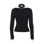 AltGoth Aesthetic Goth T-shirt Women Hotsweet Y2k E-girl 2000s Streetwear Lace Patchwork Square Collar Long Sleeve Crop Tee Tops - SS69